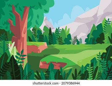 Scenery mountain big tree is surounded little plants in green color and the grass fields with blue sky white clouds empty nopeople cartoon flat color style isolated background vector illustration