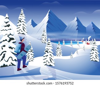 scenery mountain landscape with snowboarder in winter season