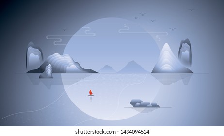 Scenery mountain with new traditional Chinese illustration style