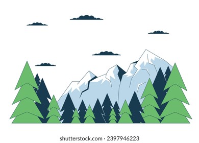 Scenery mountain range pine trees line cartoon flat illustration. Ski resort summit 2D lineart landscape isolated on white background. Clouds above mountains springtime scene vector color image