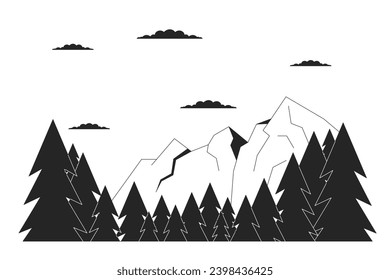 Scenery mountain range pine trees black and white cartoon flat illustration. Ski resort summit 2D lineart landscape isolated. Clouds above mountains springtime monochrome scene vector outline image