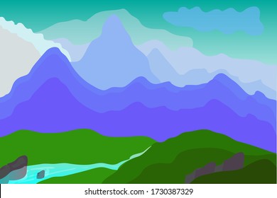 The scenery of the mountains covered with green fields and rivers