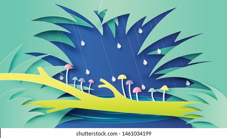 Scenery of nature in rainforest and colorful mushroom grow on the log. Graphic design for rainy season. Paper cut and craft style. vector, illustration.