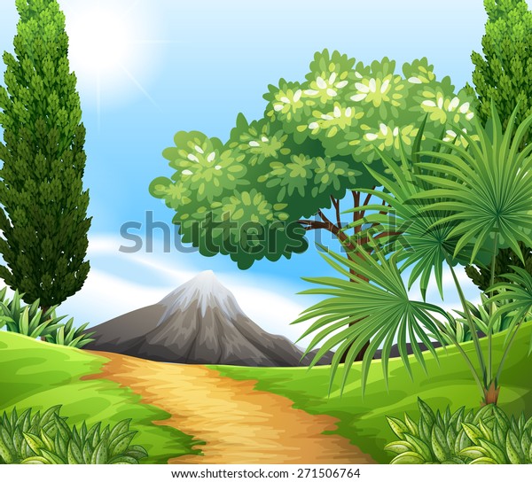 Scenery of nature with trees and mountains, wallpaper mural. 