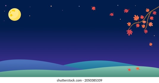 The scenery of the night sky with autumn background and autumn leaves and full moon. horizontal background