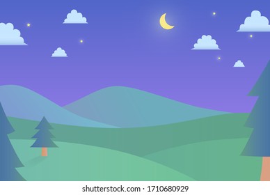 scenery night sky field mountain and tree vector background