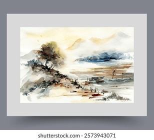 Scenery with old boat moored near shore, with sunset over river and beautiful hills. Watercolor scenery with tree with lush crown growing in foreground in good place for fishing or swimming