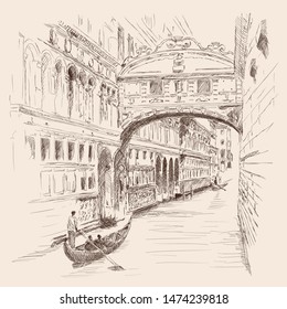 Scenery of the old city of Venice. Ancient buildings, a water channel and a boat floating on the water. Pencil sketch.