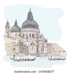 Scenery of the old city of Venice. Ancient buildings Basilica of Santa Maria, a water channel and a boat floating on the water. Imitation of watercolor.