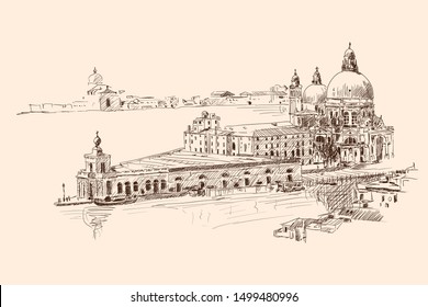 Scenery of the old city of Venice. Ancient buildings, a water channel and a boat floating on the water. Pencil sketch. General plan, view from the top.