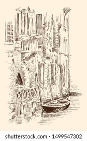 Scenery of the old city of Venice. Ancient buildings, a water channel and a boat floating on the water. Pencil sketch.