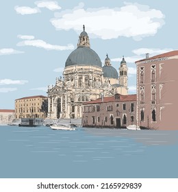 Scenery of the old city of Venice. Ancient buildings, St. Mary's Cathedral and a water channel.