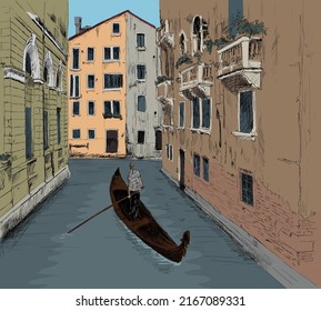 Scenery Of The Old City Of Venice. Landscape With Canal, Old Buildings And A Boat. Pencil Sketch.