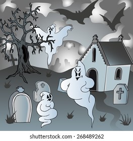 Scenery on cemetery with ghosts - vector illustration.