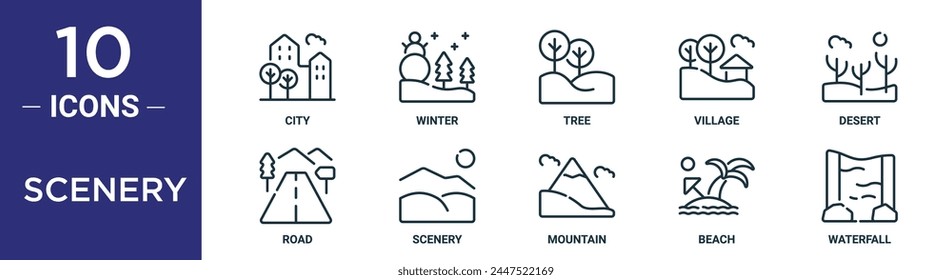 scenery outline icon set includes thin line city, winter, tree, village, desert, road, scenery icons for report, presentation, diagram, web design