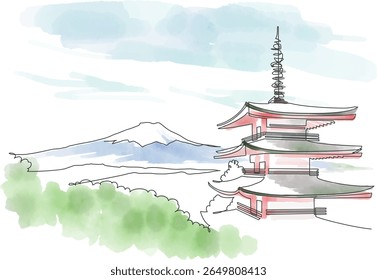 Cenário com vista para o Monte Fuji e pagode de cinco andares pintado com um único traço e aquarelas. Yamanashi, Japão
