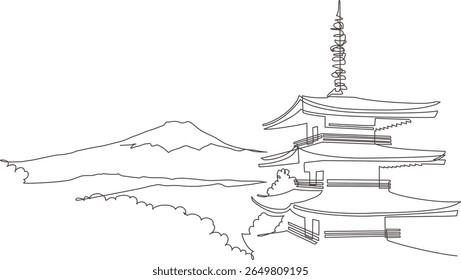 Cenário com vista para o Monte Fuji e pagode de cinco andares pintado com um único golpe. Yamanashi, Japão
