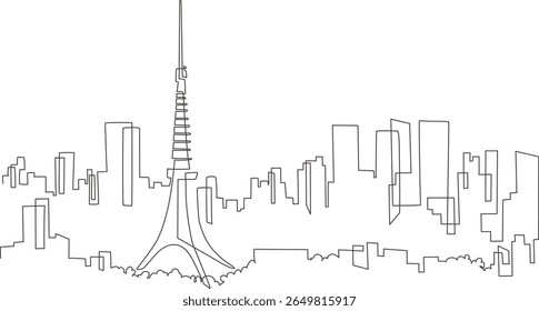 Scenery overlooking Tokyo Tower painted with a single stroke. Tokyo, Japan