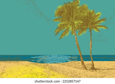 
Scenery. Palm and beach. Engraving retro style.