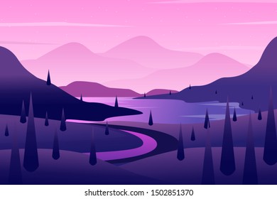 Scenery pine forest landscape with mountain and starry night sky background