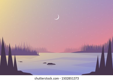 Scenery pine forest landscape with mountain and starry night sky background
