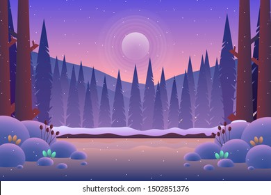 Scenery pine forest landscape with mountain and starry night sky background