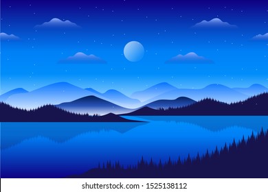 Scenery pine forest with mountain and blue sky background
