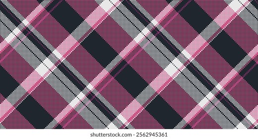 Scenery plaid pattern textile, madras seamless background fabric. Coat vector tartan check texture in dark and pink colors palette.