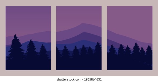 Juego de afiches de paisajes. Diseño plano de fondo moderno, vista nocturna de las montañas, bosque y color púrpura, diseños para decoraciones de paredes, fondos y carteles. Arte vectorial de impresión