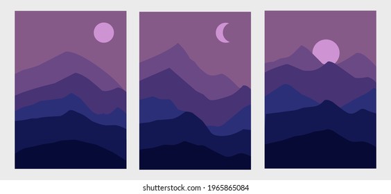 Scenery poster set. Modern background flat design, mountain views, nighttime cliffs and purple color, designs for wall decorations, backgrounds and banners. Print vector art