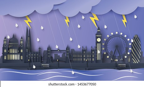 Scenery of rainy season with the world famous architecture in London, England. Rainy season in London. paper cut and craft style. vector, illustration.