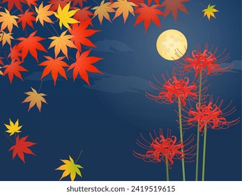 Scenery of red spider lily, autumn leaves and full moon svg