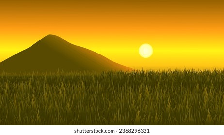 scenery of rice fields and mountain at sunset illustration landscape, savanna, meadow, background vector