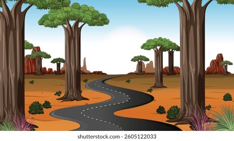 Scenery of a road with green environment on the sides cartoon background.