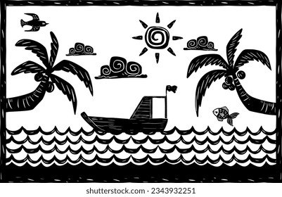 scenery of the sea, coconut trees, boat and the sun in the sky. Woodcut style and cordel literature