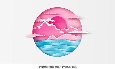 Scenery of sea in the evening with a beautiful sunset on the sky in a circle paper cut frame. Beautiful sunset on seascape. Sea view in summer. paper cut and craft style. vector, illustration.