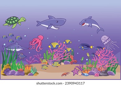 Scenery of sea underwater animals, reef, corals and seaweeds ocean landscape in cartoon style vector illustration. Background landscape undersea biodiversity, dolphin, shark, star fish, octopus, horse