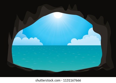 Scenery of sea view from inside the cave. Vector nature background