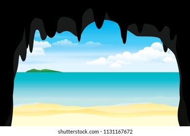 Scenery of sea view from inside the cave. Vector nature background