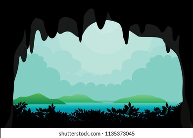 Scenery of sea view from inside the cave. Vector nature background