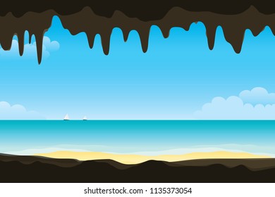 Scenery of sea view from inside the cave. Vector nature background