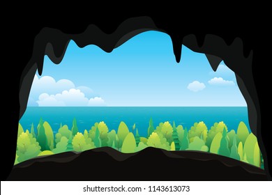 Scenery of sea view from inside the cave. Vector nature background