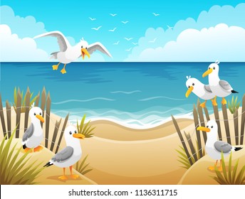 Scenery With Seagulls On Beach With Wood Fences And Dry Grass. Background Vector Illustration.