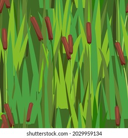 Scenery. Seamless pattern. Plants, grass, reeds and cattails. Bog shore, pond, lake or puddle. Miltic dark design flat style. Illustration vector.