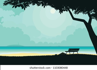 Scenery of seaside and summer beach landscape. Vector seascape background