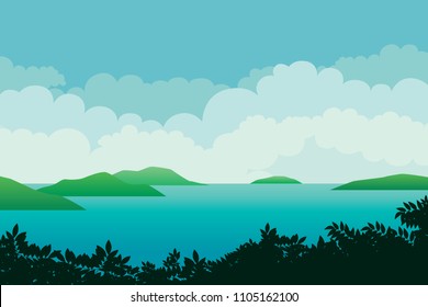 Scenery of seaside and summer beach landscape. Vector seascape background