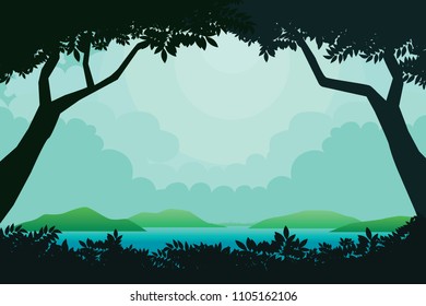 Scenery of seaside and summer beach landscape. Vector seascape background