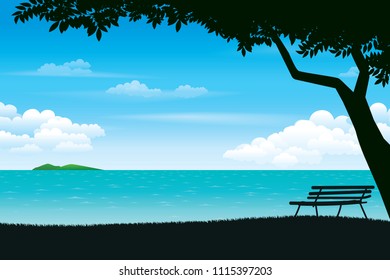 Scenery of seaside and summer beach landscape. Vector seascape background