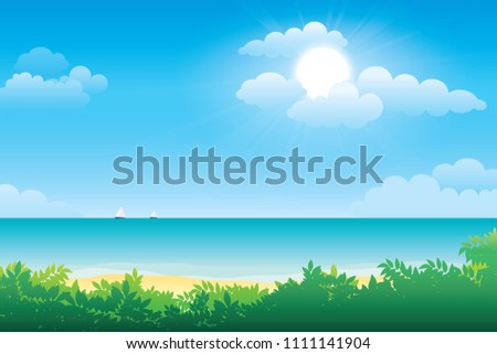Scenery of seaside and summer beach landscape. Vector seascape background