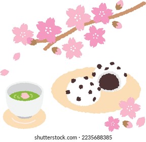 The scenery of seeing cherry blossoms called "Hanami" in Japan. With Japanese sweets and Japanese tea.